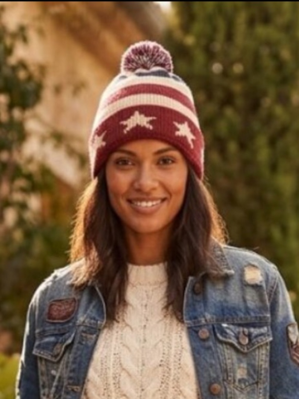 Forever 21 Beanie Stars & Stripes Pom Pom Unisex Size O/S Red America Patriotic